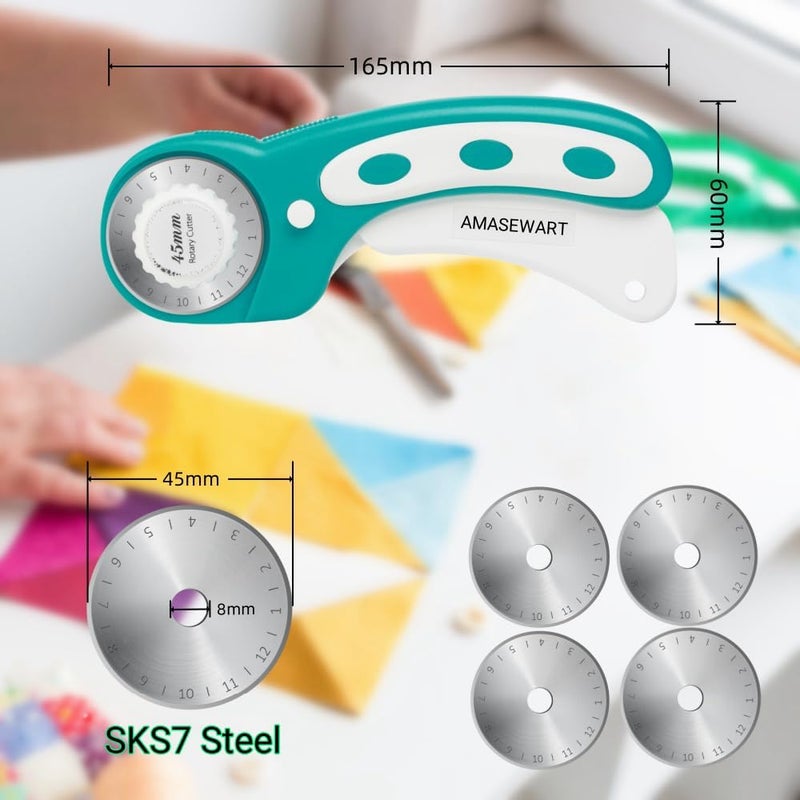 AMASEWART 45mm Rotary Cutter and Mat Set, Fabric Cutter Wheel and 12x18 Inch Self Healing Sewing Cutting Mat, Fabric Rotary Cutter with 5pcs Rotary Blades for Quilting Patchworking Crafts, Turquoise - Image 5